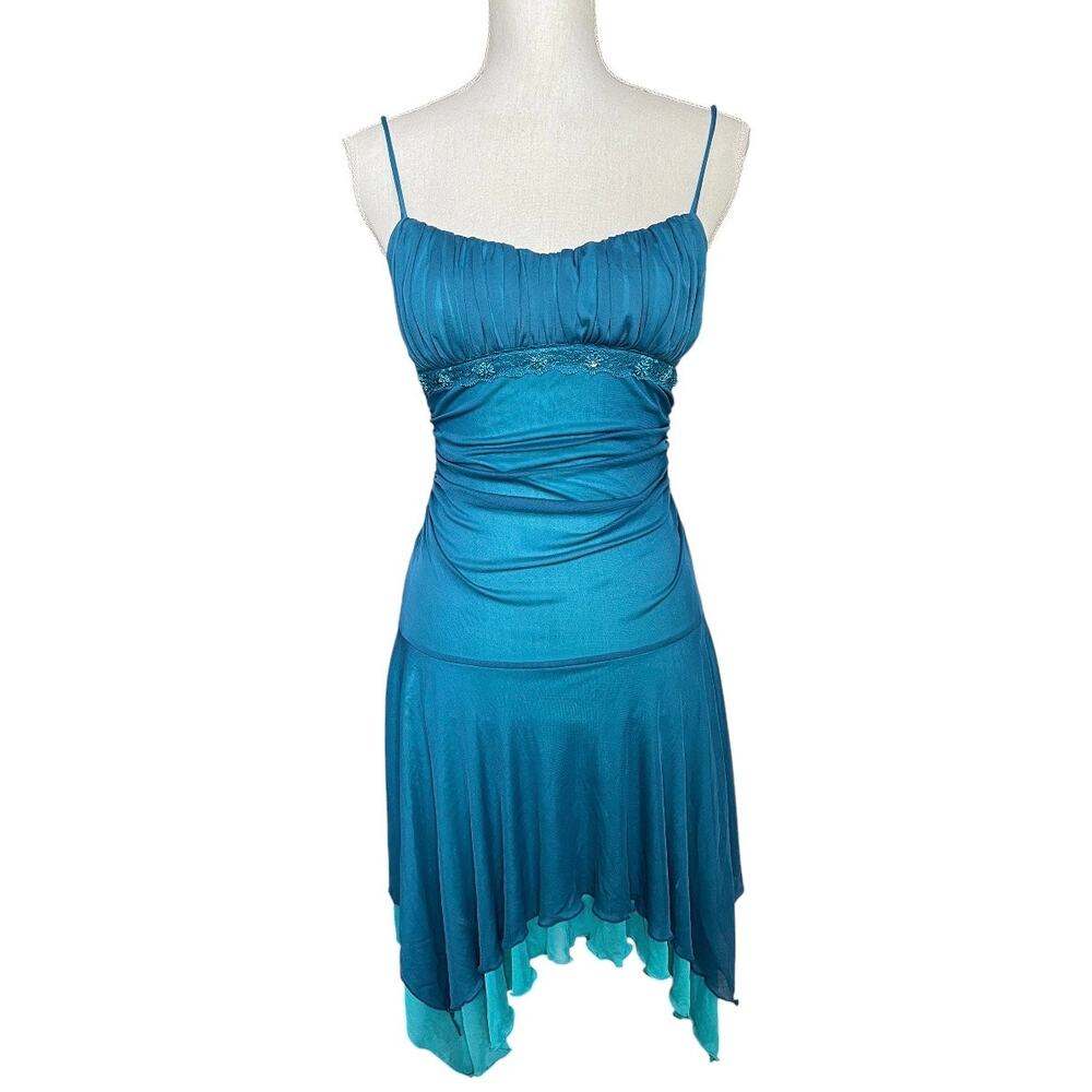 Vintage Y2K city triangles teal mini dress Fairycore Mermaidcore beaded small
